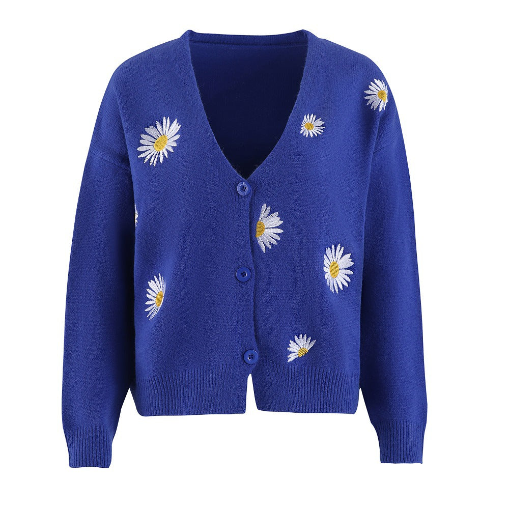Floral Embroidered V Neck Cardigan For Women Cozy Cotton Street-wave Versatile Everyday Wear