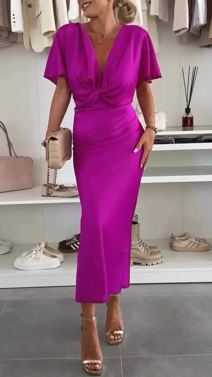 Street-wave Women's Knee-Length Satin Dress With Twist Cross Design For Elegant Evenings
