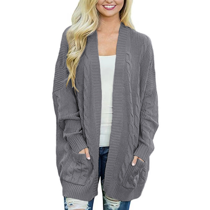 Street-wave Women's Cable Knit Cardigan With Generous Pockets Cozy Casual Knitwear