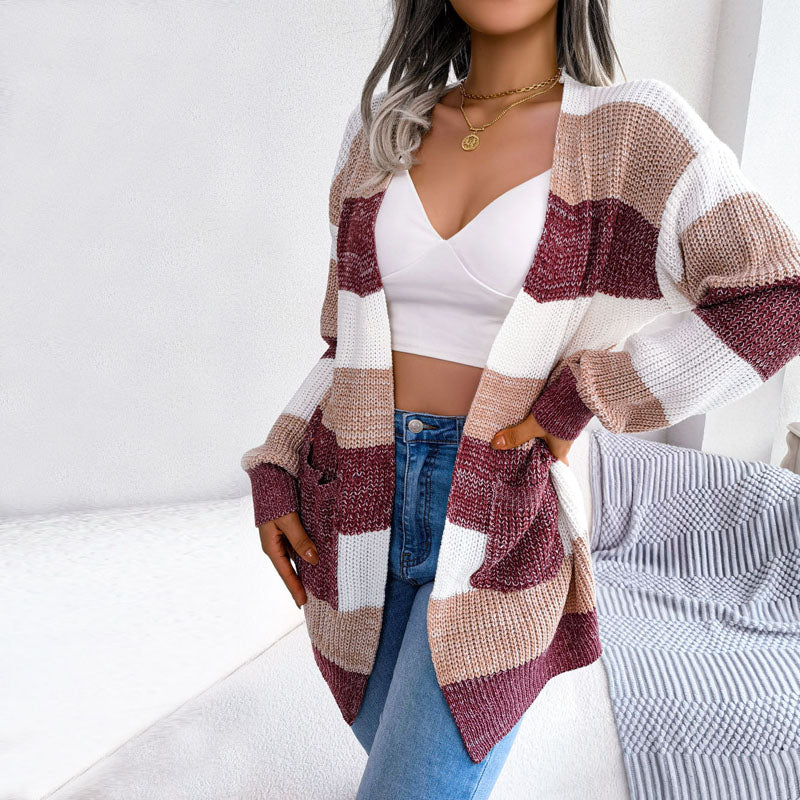Street Wave Striped Knit Cardigan For Women With Pockets Cozy Oversized Casual Wear Soft Cotton Acrylic Blend
