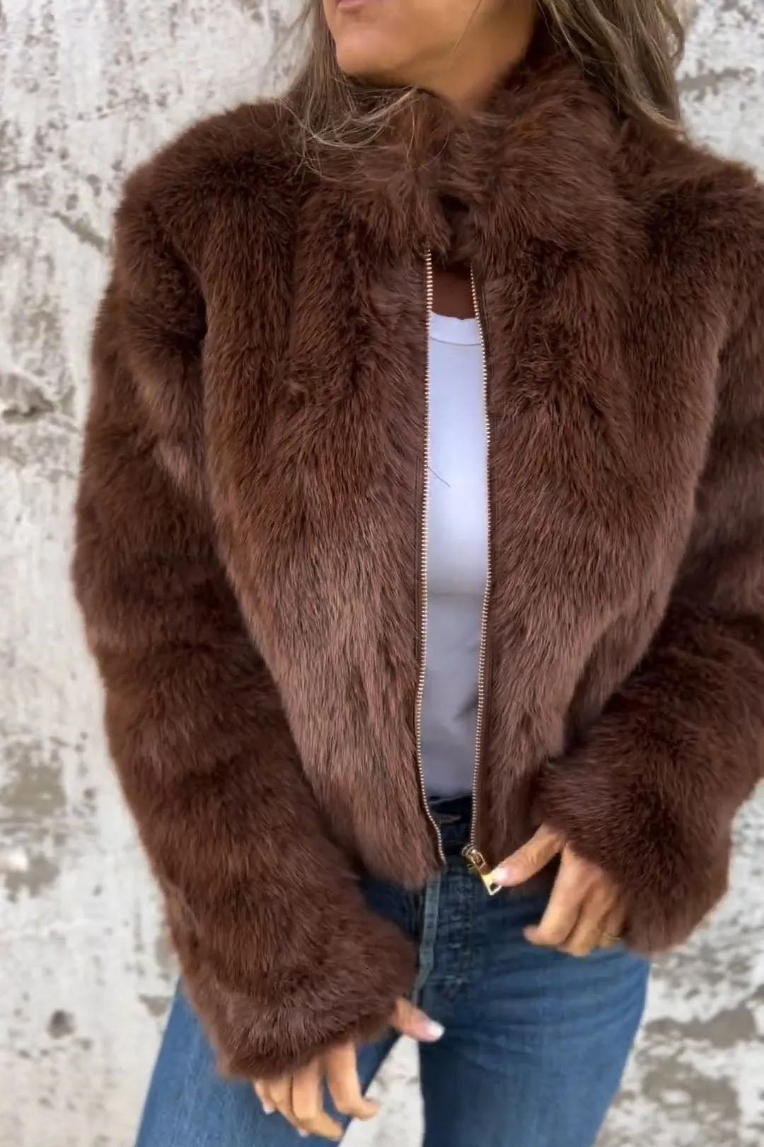 Street-Wave Faux Fur Zip Up Blazer With Stand Collar For Winter Women Warm Chic Outerwear