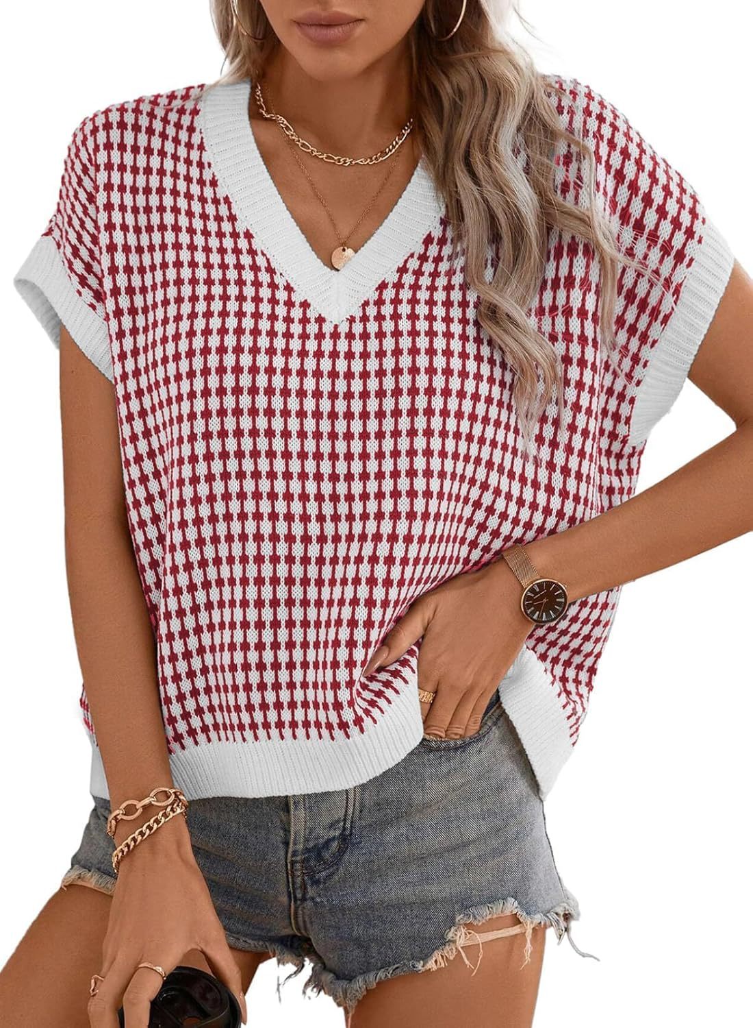Street Wave Womens V Neck Geometric Knit Sweater Casual Chic Everyday Top For Women