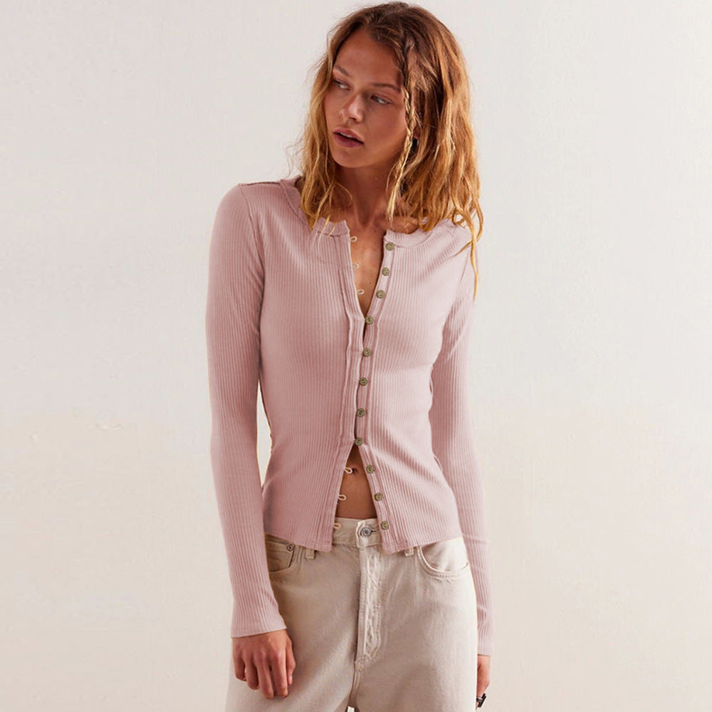 Ribbed Long Sleeve Top With Button Front - Form-Fitting Street-wave For Women, Everyday Essential