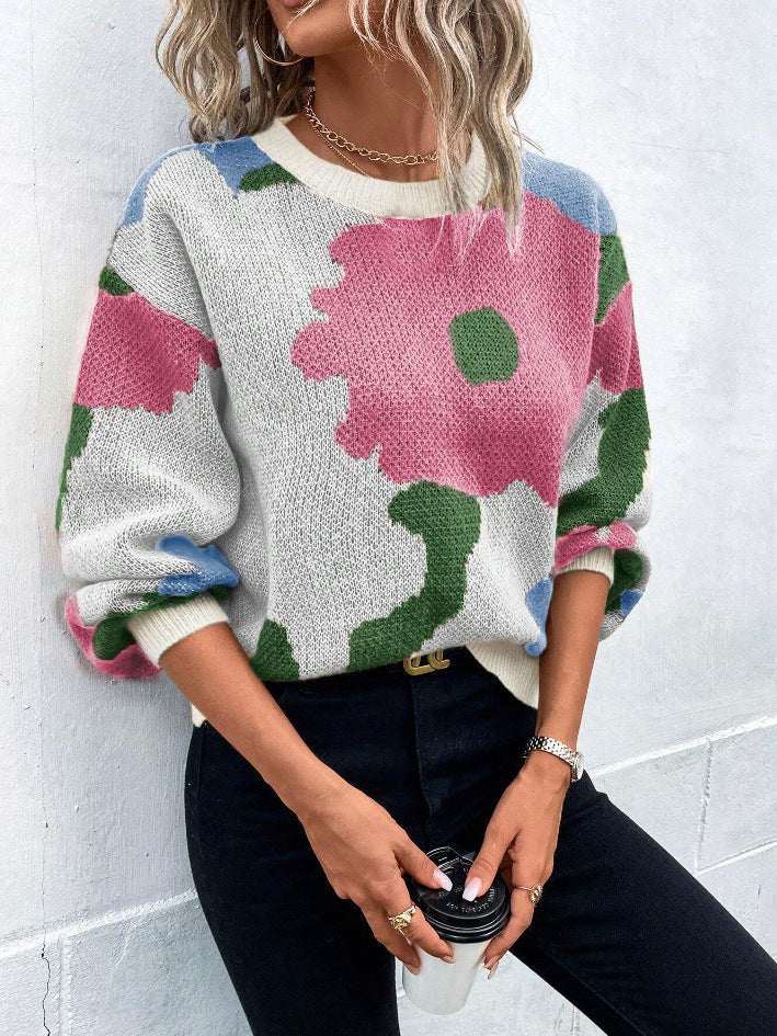 Street-wave Patterned Balloon Sleeve Knit Sweater Bold Relaxed Fit Round Neck For Women