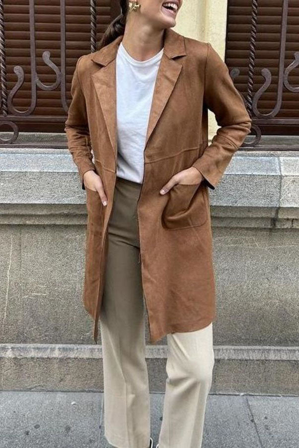 Street-wave Long Suede Trench Coat for Women Premium Soft Suede Warmth and Timeless Style