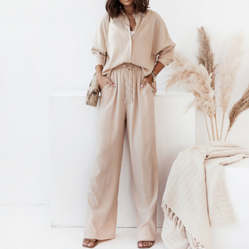 Street Wave Linen Two Piece Set For Women Loose Blouse And Wide Leg Pants Casual Comfort