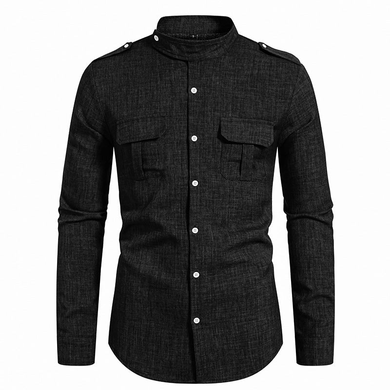Street-wave Men's Long Sleeve Shirt Versatile With Two Chest Pockets And Stand Collar Breathable Cotton