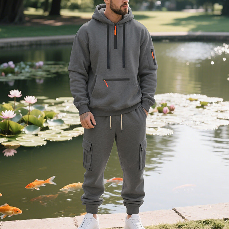 Street-Wave Mens Sport Hoodie And Cargo Pants Set Breathable Comfort For Training And Streetwear