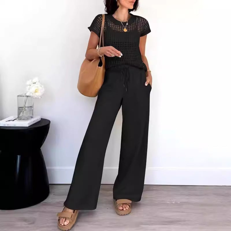 Street-Wave Women's Open-Knit Short-Sleeve Top and Wide-Leg Pants Set - Relaxed Fit for Casual Comfort