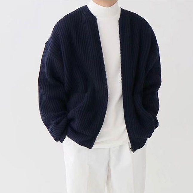 Street-wave Loose Knit Cardigan With Ribbed Details For Men Cozy Everyday Comfort