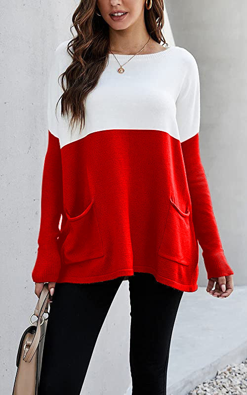 Street Wave Womens Colorblock Knit Sweater With Large Front Pockets Cozy Everyday Essential