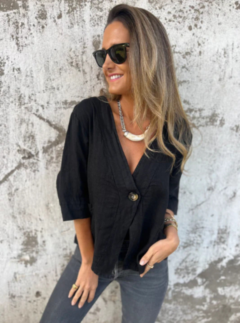 Street-Wave Light Linen Blazer For Women With Short Sleeves Breathable And Versatile Office To Weekend