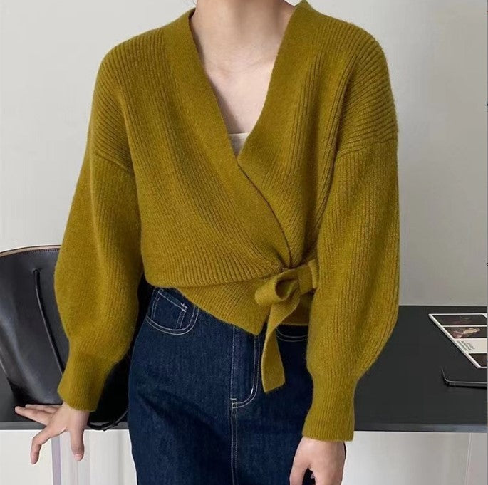 Street-wave Womens Wrap Knit Cardigan With Wide Sleeves And Tie Waist Soft Wool Warmth