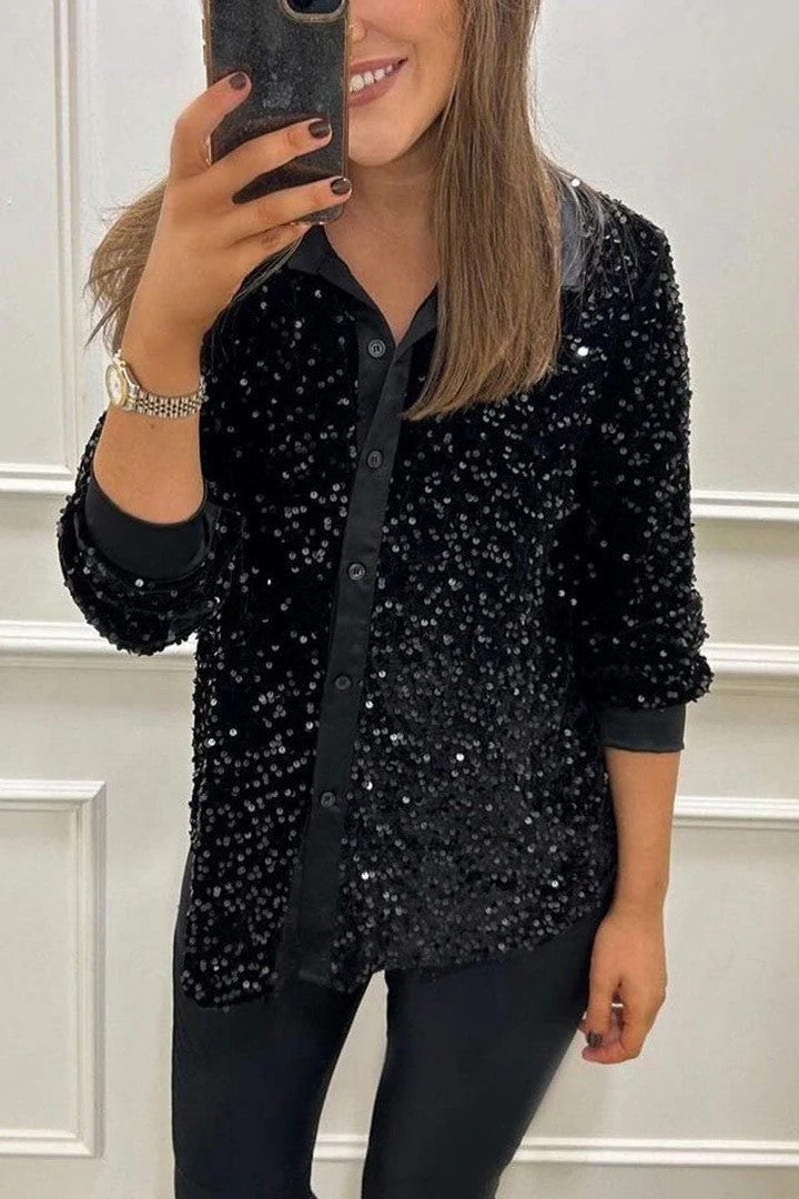 Street-Wave Womens Sequin Blouse With Classic Collar Sparkling Evening Glamour Top