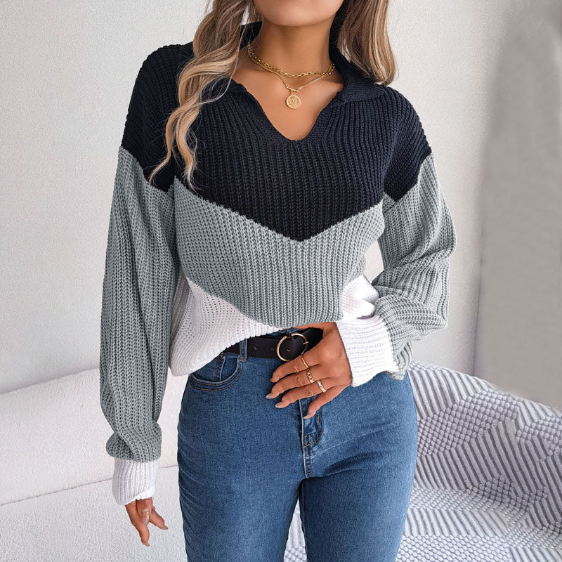 Street-Wave Warm Knit Pullover for Women, Cozy Color-Block V-Neck Sweater for Everyday Wear