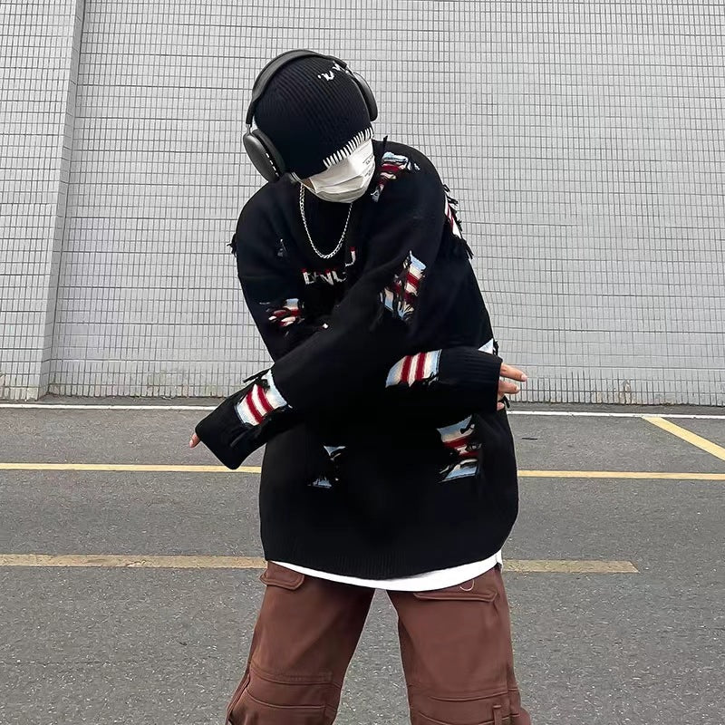 Womens Urban Knit Sweater With Distressed Patches And Rib Details Street-wave Cozy Everyday Wear
