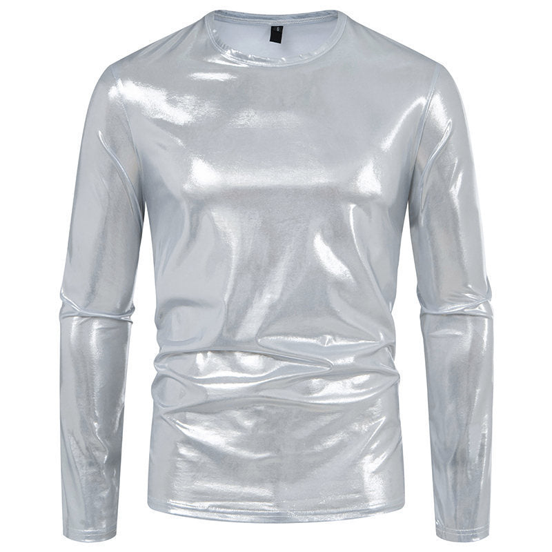 Street-Wave Men's Metallic Long Sleeve Shirt In Shiny Stretch Fabric For Glam Party Ready