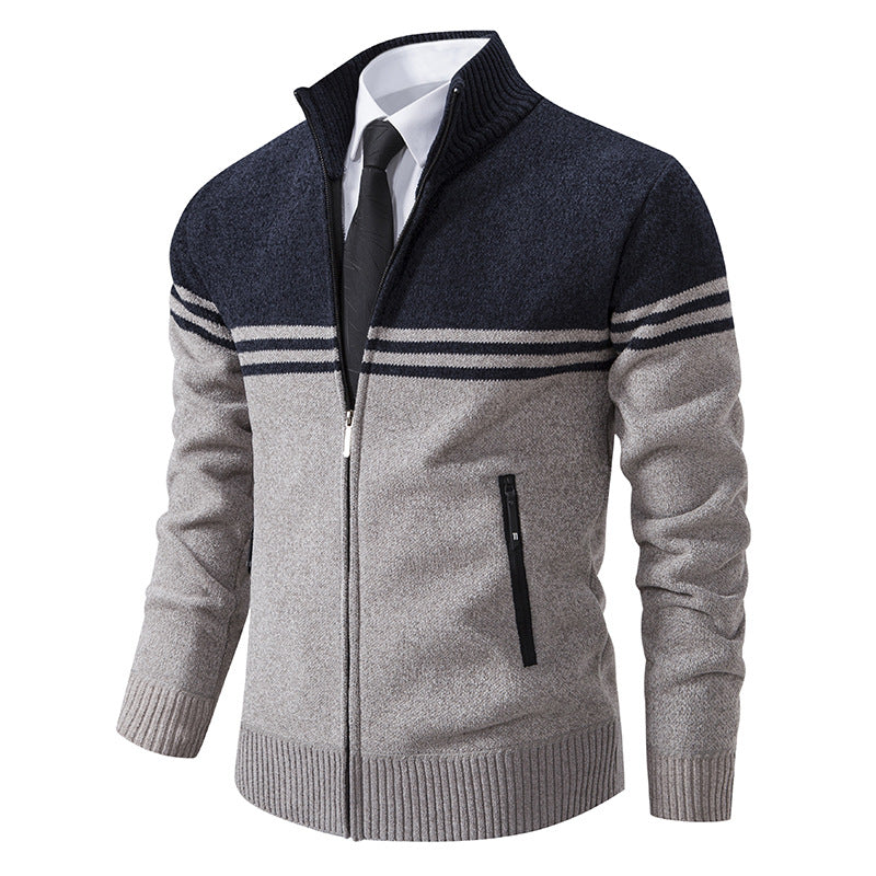 Street-wave Men's Zip Cardigan With Contrast Stripes Modern Knit Jacket For Everyday Office Wear