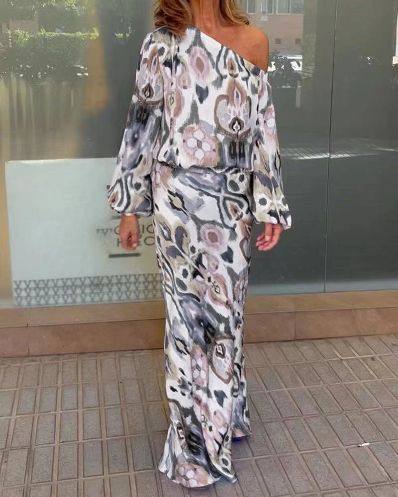 Street Wave Graphic Batik Maxi Dress Off Shoulder With Puffy Sleeves For Women Elegant Occasion