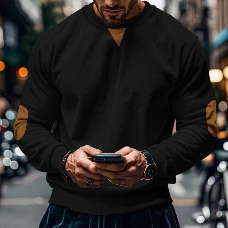 Street-wave Men's Cozy Crewneck Sweater With Elbow Patches For Modern Urban Style And Comfort