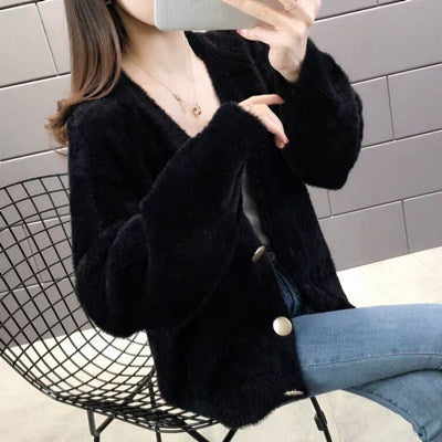 Street-wave Fluffy Knit Cardigan For Women With Elegant Button Details, Cozy Soft Warmth