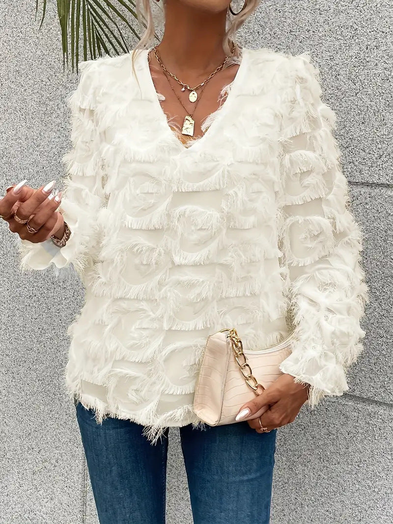 Street-wave Luxurious Ruffled Blouse With V-Neckline For Fashion-Forward Women Today