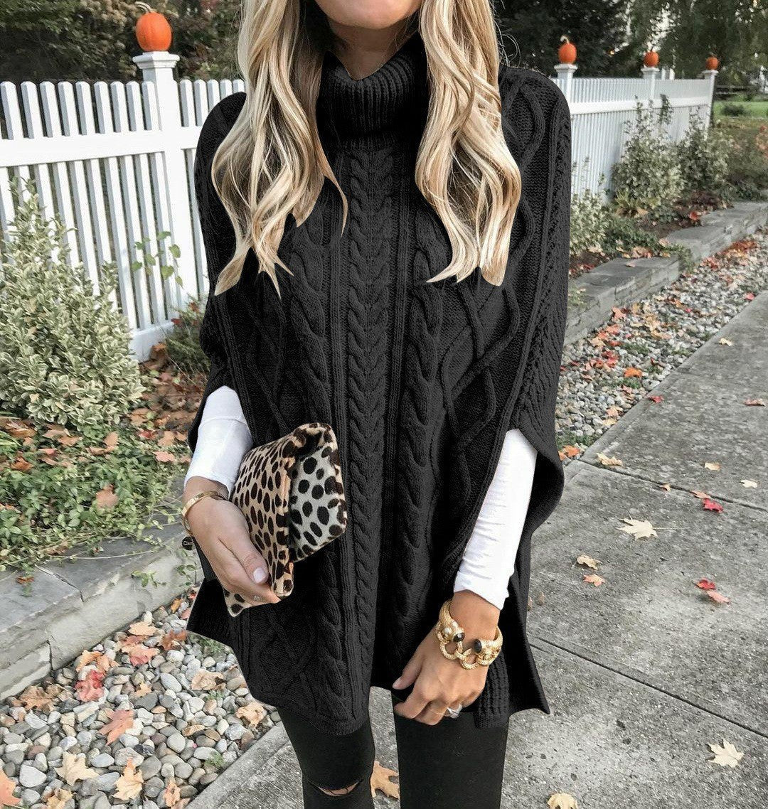 Street-Wave Women's Cable Knit Poncho With High Collar For Cozy Elegant Knitwear