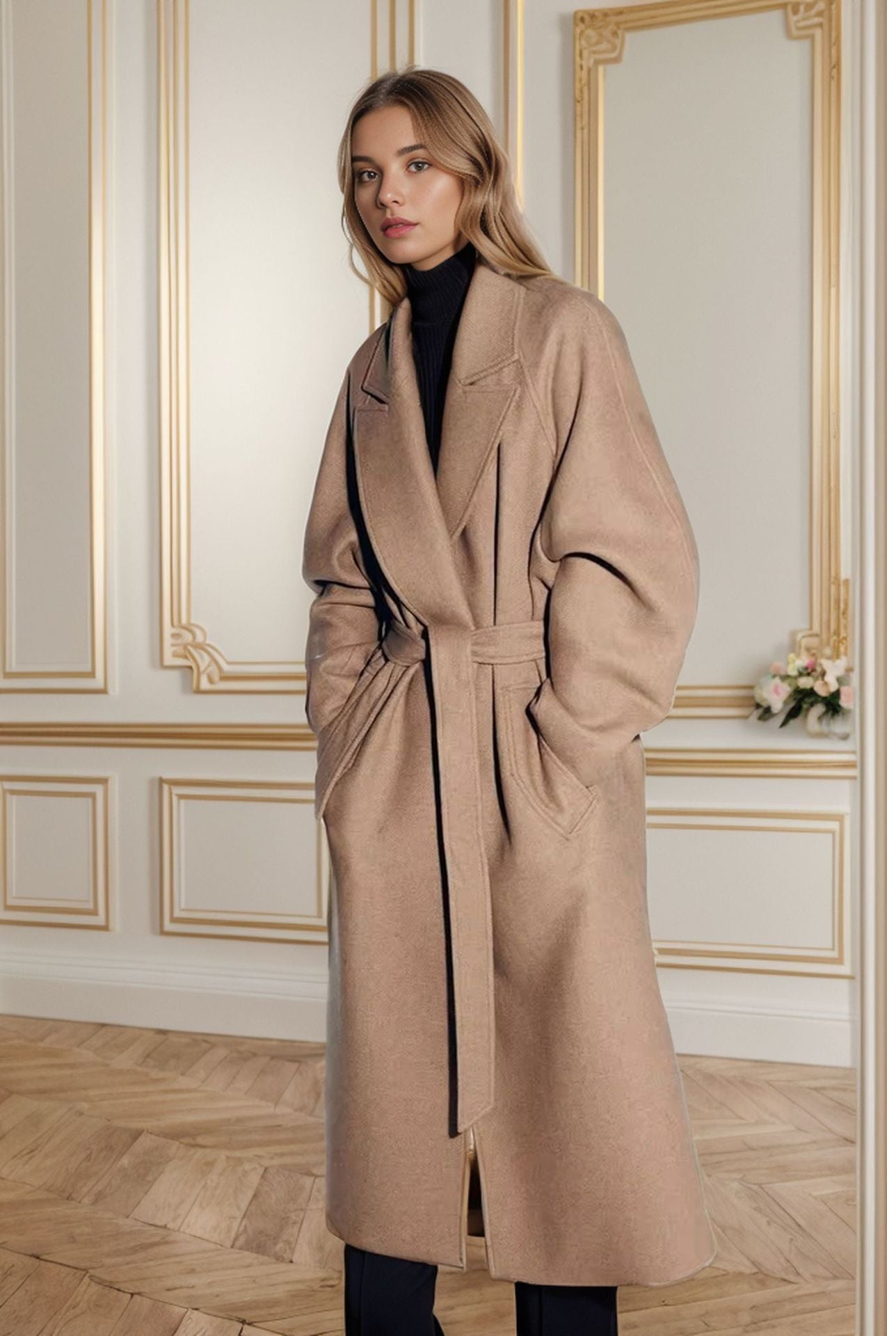 Street-Wave Womens Coat With Wide Collar Belted Waist Tie For Chic Transitional Outerwear