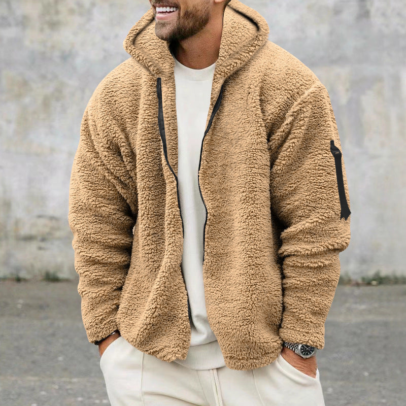 Street-wave Men's Cozy Fleece Jacket With Hood And Zip Pockets For Warm Outdoor Wear