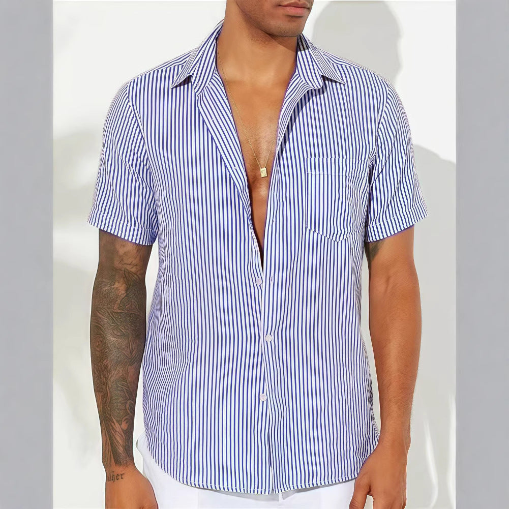 Street-Wave Men's Short Sleeve Striped Button-Up Shirt Relaxed Fit Cotton Blend