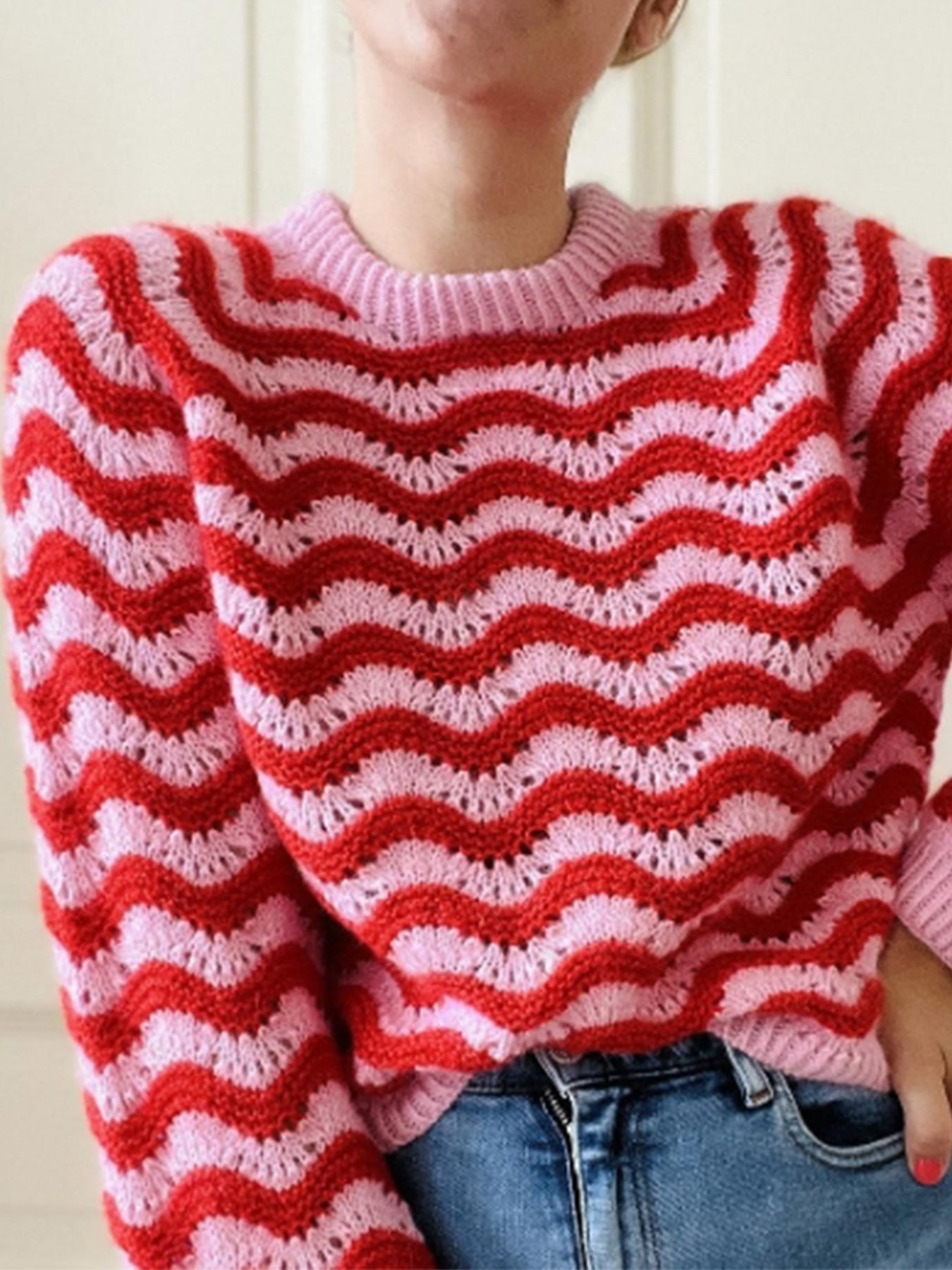Women Wave Knit Sweater Oversized Fit Street Wave Bold Red Pink Zigzag Pattern Cozy Everyday Wear
