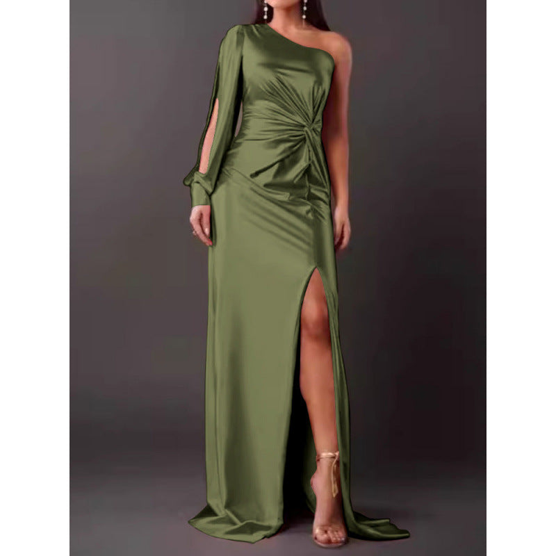 Street Wave Satin One Shoulder Maxi Dress For Women With Slim Fit And High Slit
