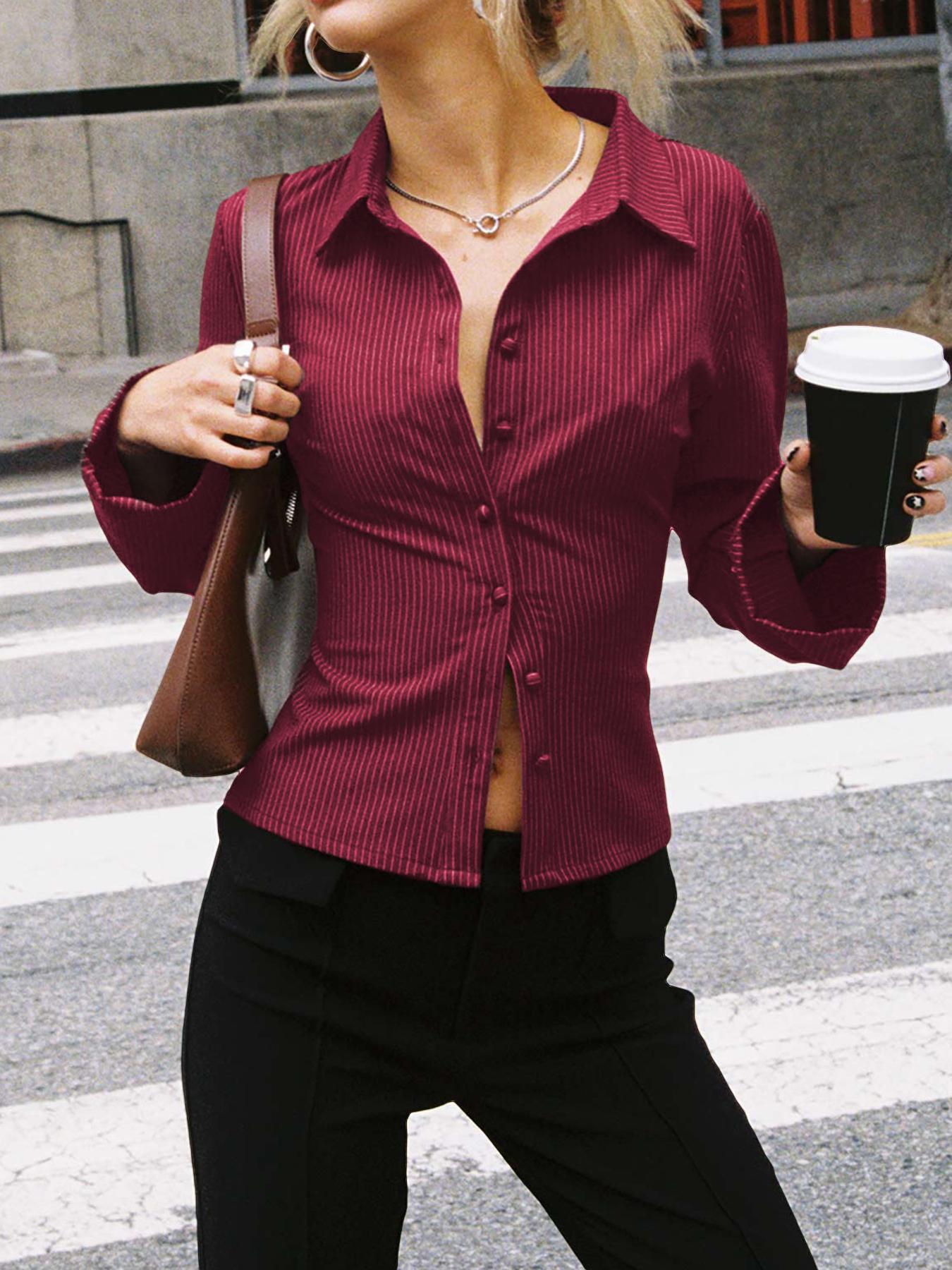 Street-Wave Tailored Womens Button-Down Blouse With Notched Collar And Fine Stripes