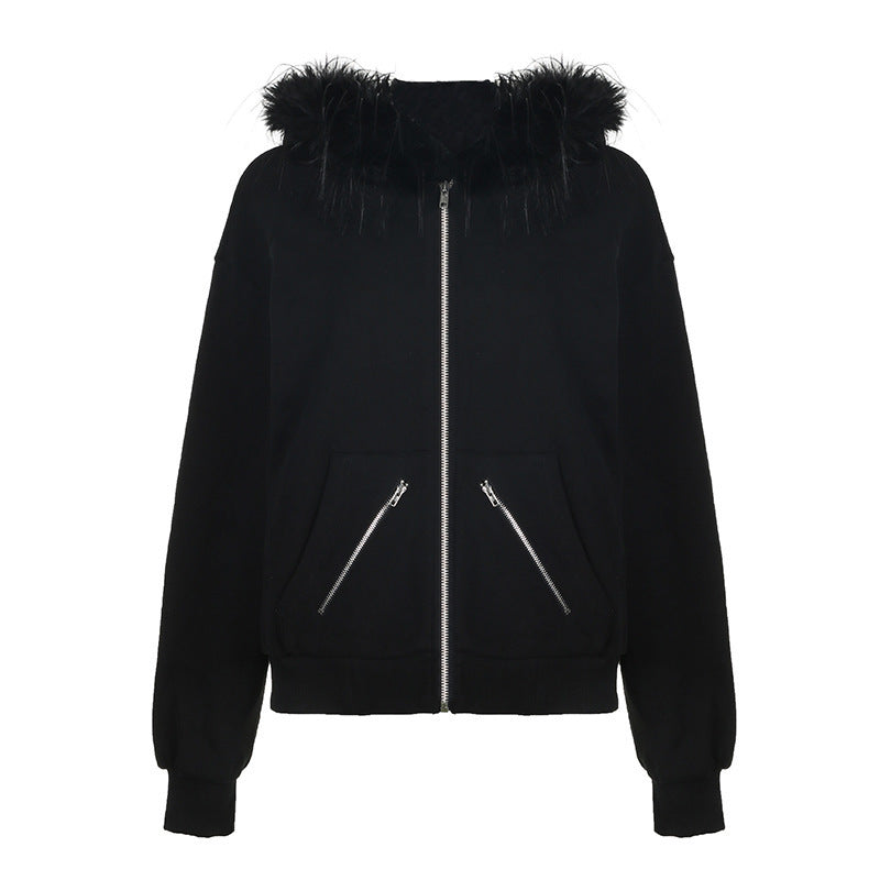 Street-wave Women's Warm Sweatshirt Jacket With Removable Faux Fur Collar Zip Up Cozy Winter