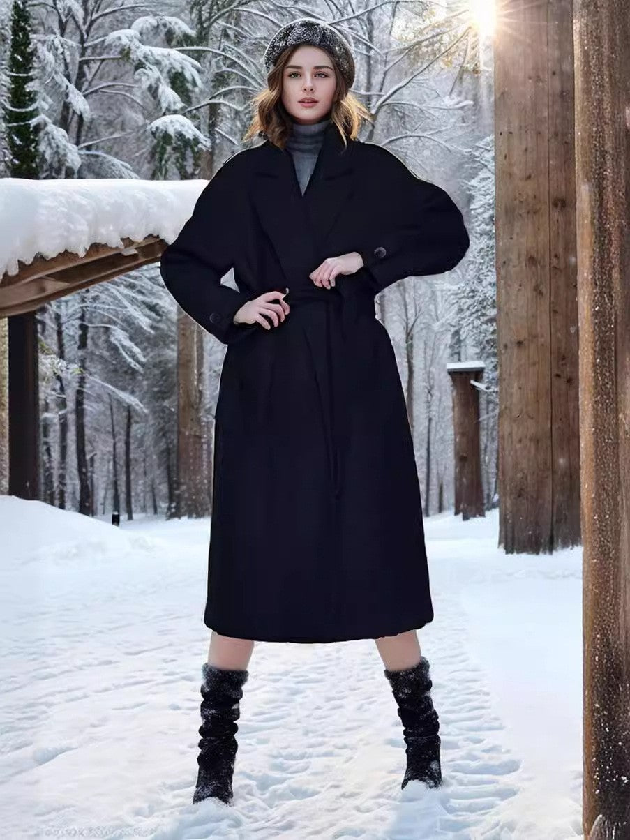 Street Wave Women's Elegant Wool Coat With Belt And Wide Sleeves For Sophisticated Style
