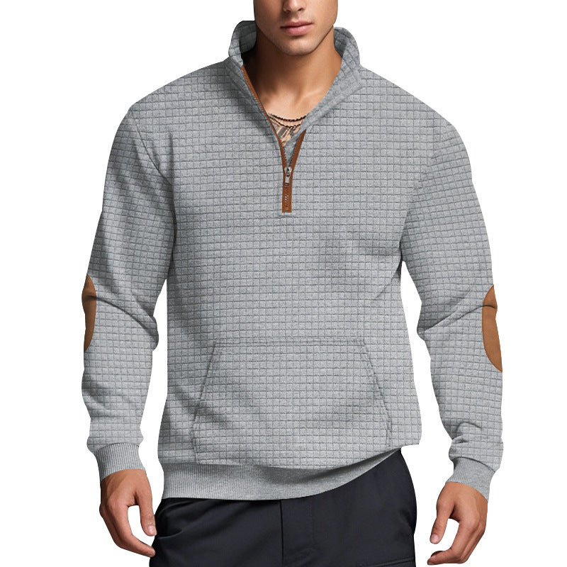 Street-Wave Men's Structured Fleece Pullover With Modern Stand Collar Geometric Texture Cozy Comfort