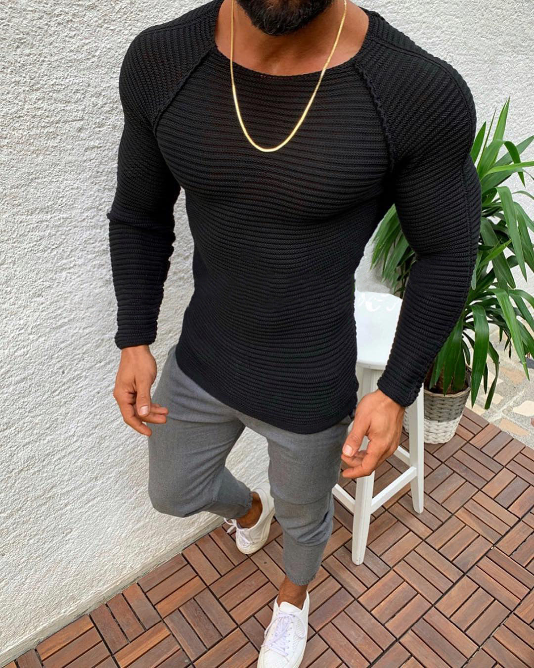 Street-Wave Mens Long Sleeve Knit Shirt With Elegant Textured Structure And Modern Fit