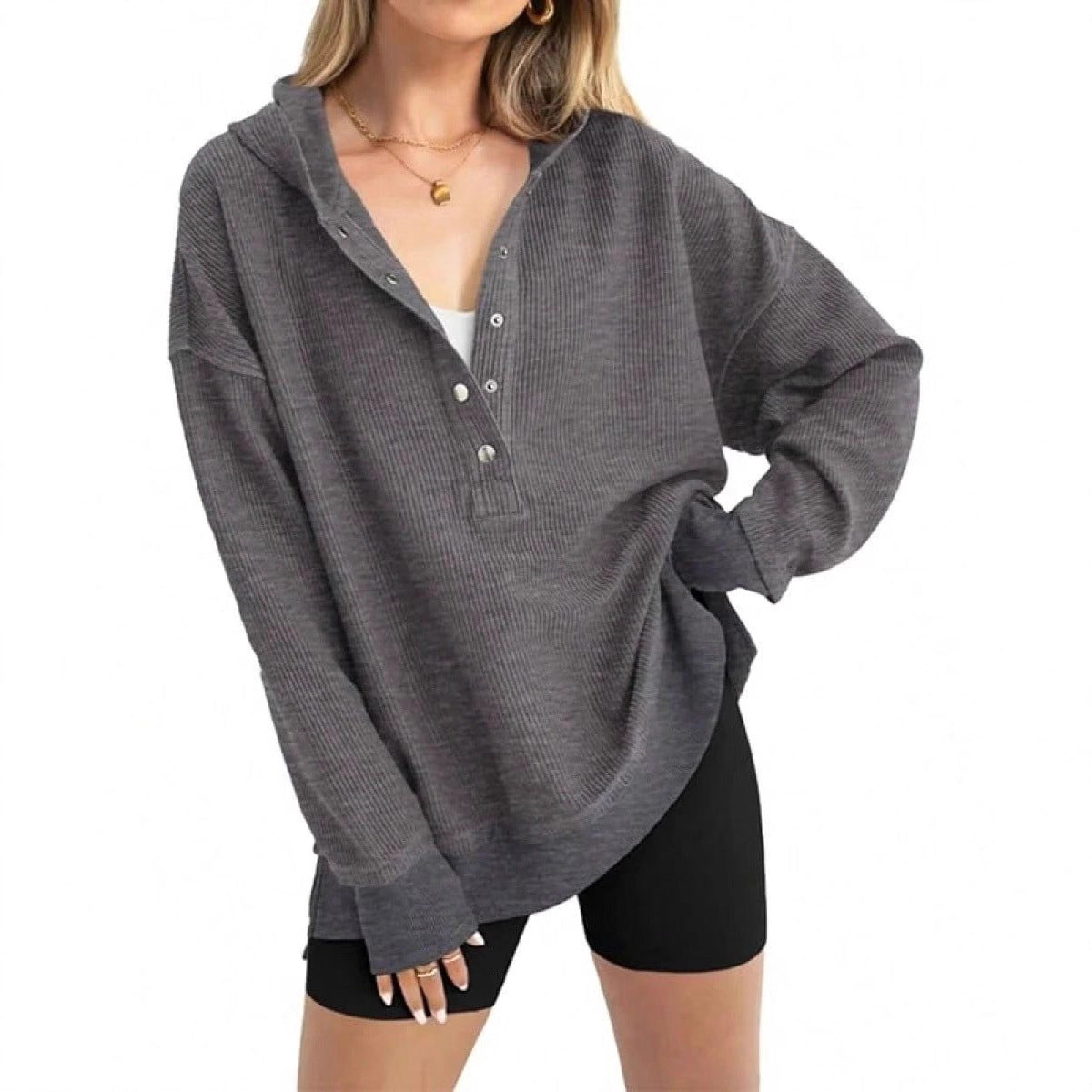 Street-Wave Women's Ribbed Hoodie With Button Placket, Drop Shoulders, And Relaxed Fit For Casual All Day Comfort
