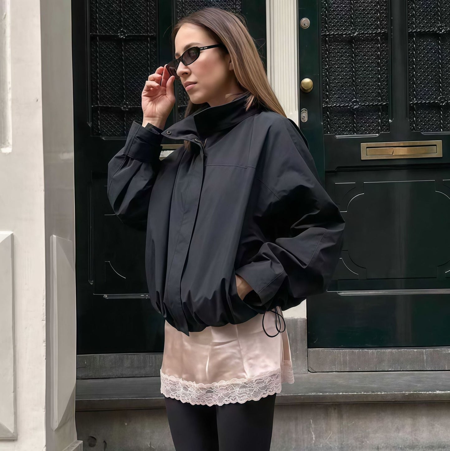 Street-wave Women's Functional Oversized Jacket With High Collar And Innovative Design