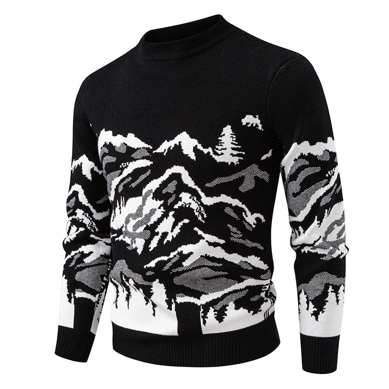 Mens Mountain Motif Knit Sweater With High Collar By Street Wave For Outdoor Lovers Cozy Breathable Warm