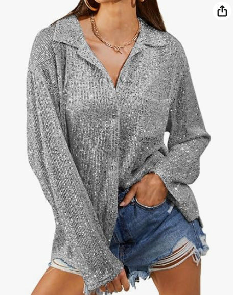 Glittery Oversized Blouse Street-wave for Fashion-Forward Women Relaxed Fit Casual-Chic