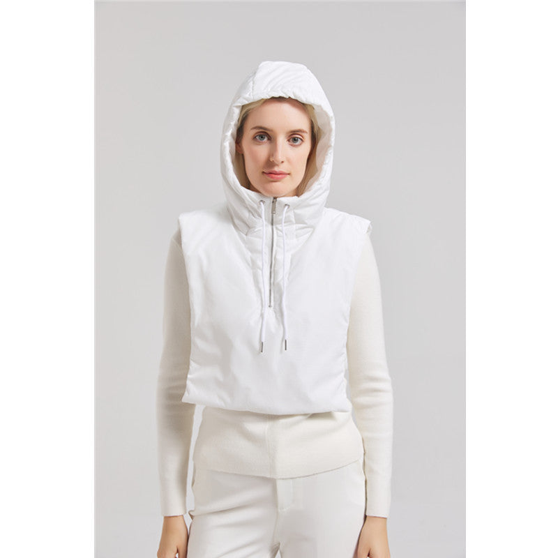 Street Wave Women Hooded Vest With High Collar And Adjustable Hem For Transitional Weather Warmth