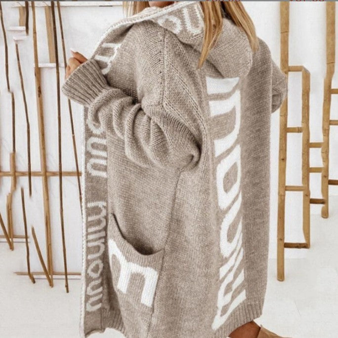 Women's Knit Cardigan Street-wave Cozy Soft Wool With Deep Pockets And Logo Print