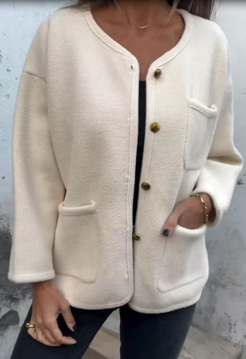 Street-wave Wool Coat For Women Round Neck Long Sleeve Warm Versatile All-Season Outerwear