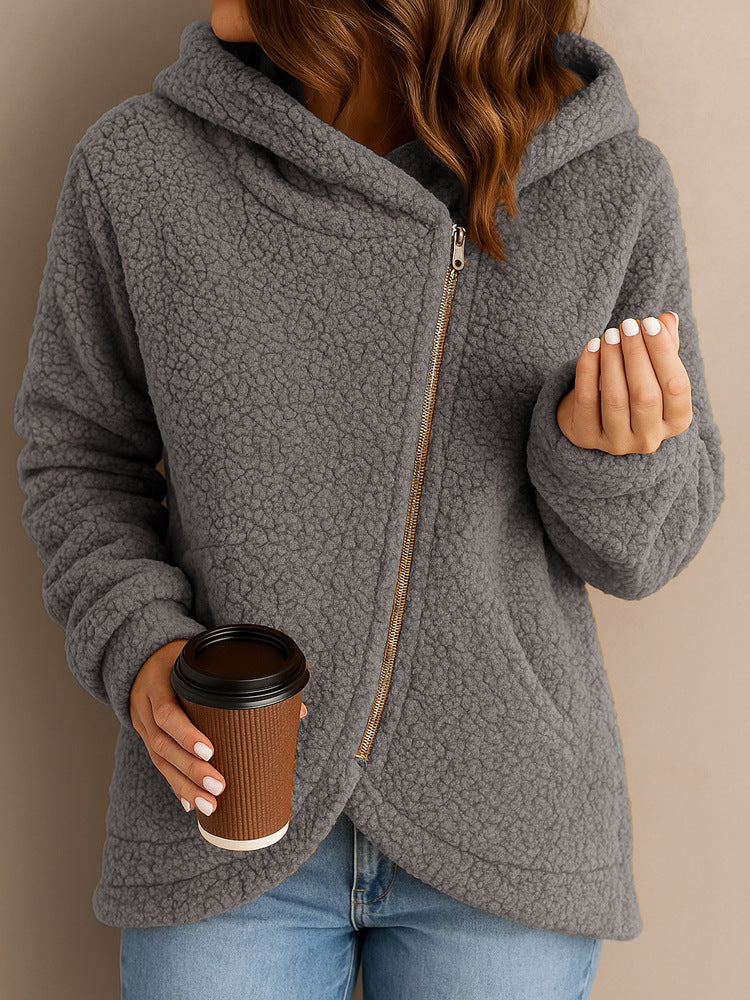 Street-wave Womens Fluffy Fleece Hoodie With Asymmetric Zip For Cozy Warmth Everyday Wear For Active Lifestyles