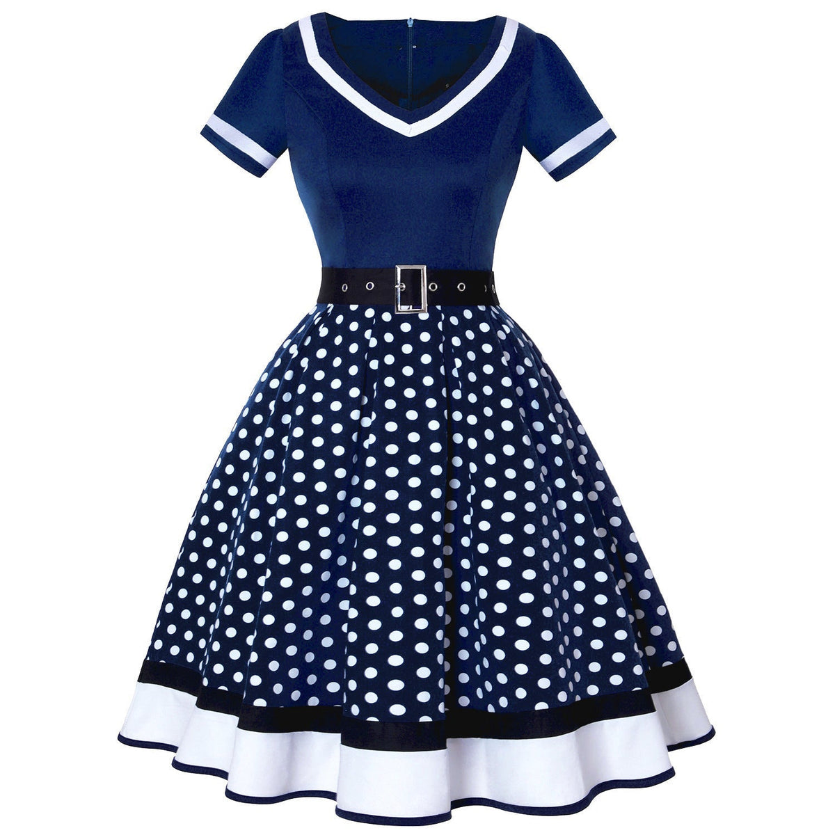 Street-wave Vintage Hepburn Polka Dot Dress For Women Belted Waist Retro Chic A-Line Midi