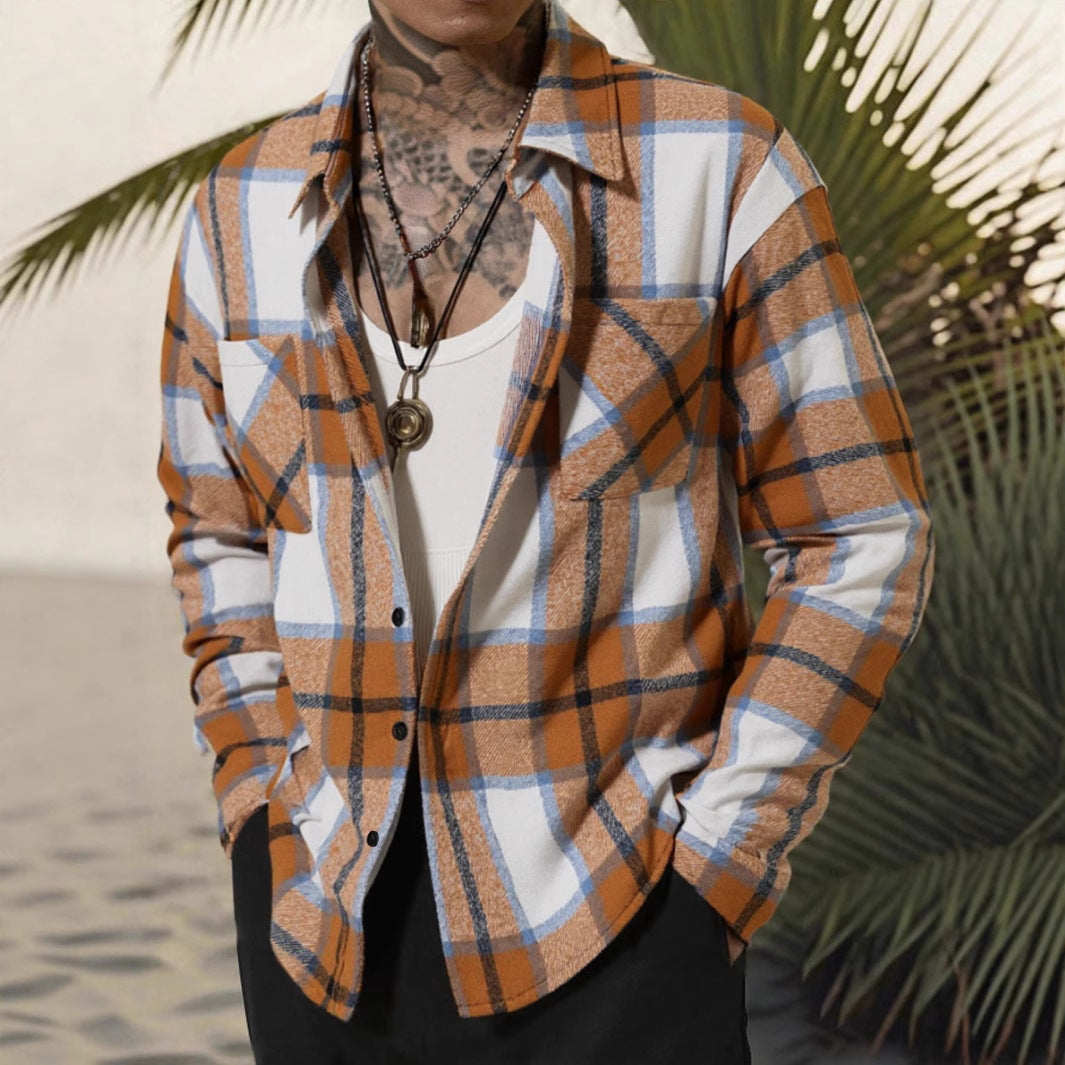 Mens Flannel Shirt Jacket Plaid Street-wave Casual Stylish Outerwear With Chest Pocket For Men