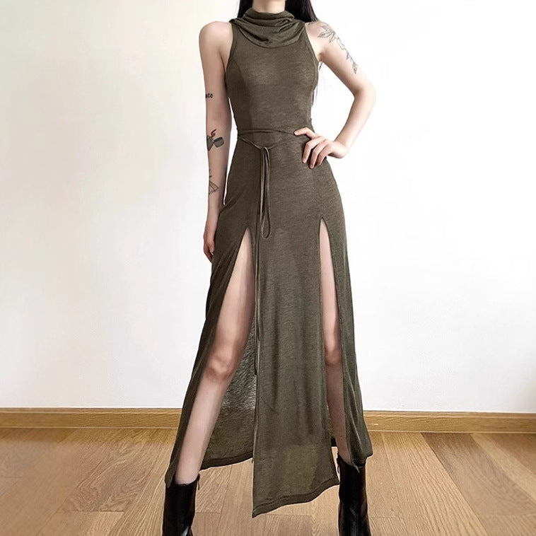 Street Wave Women Elegant Maxi Dress With High Slit And Hood For Sophisticated Evening Wear