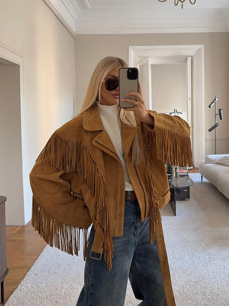 Street-wave Womens Suede Fringe Jacket Timeless Boho Style Premium Quality For Fashion Forward Women