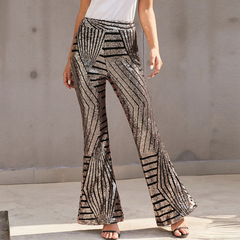 Street-Wave Glitter Flared Sequin Pants Glam Nightlife Look For Party Lovers Statement Piece